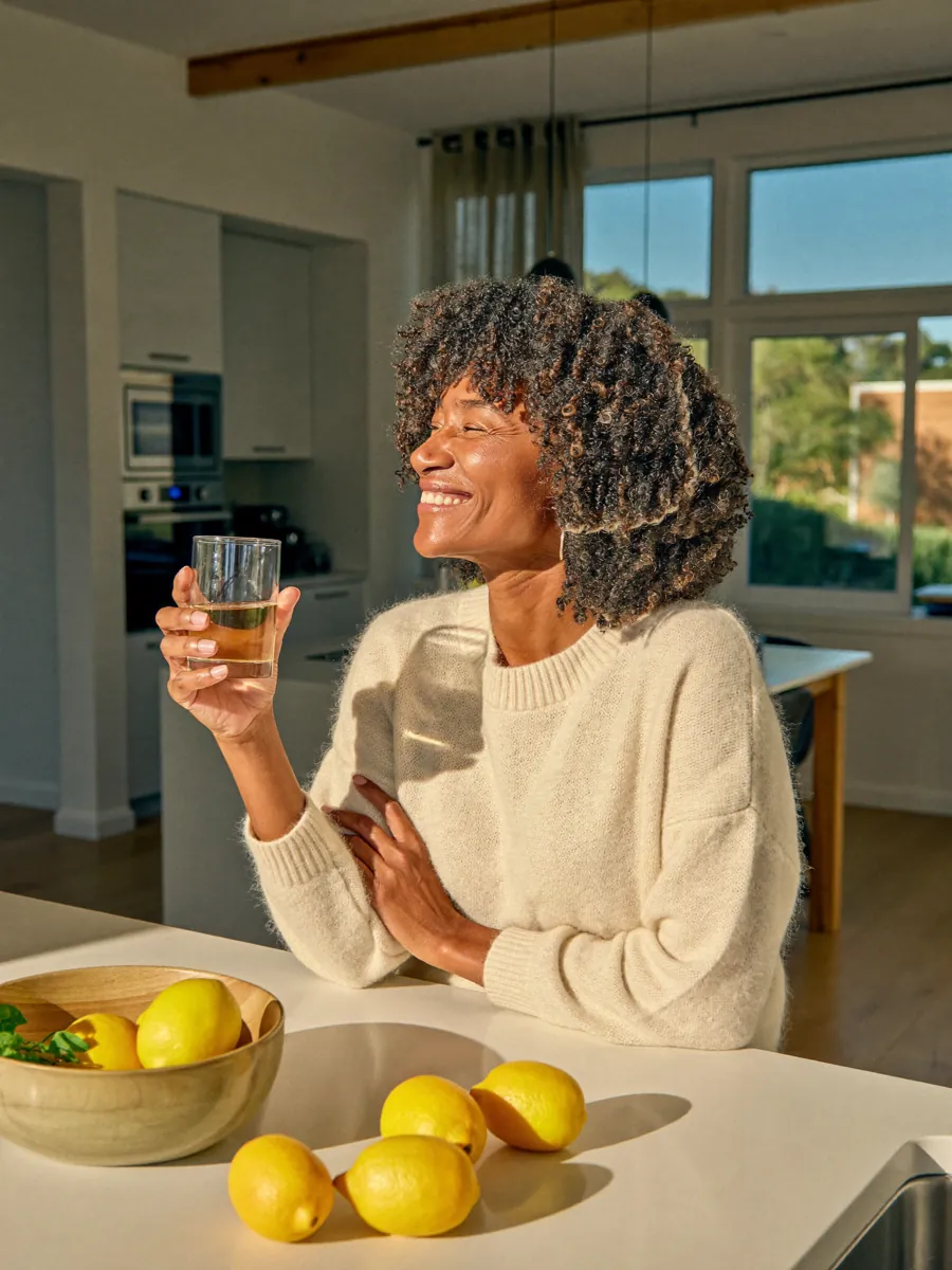 A woman feeling balanced and energized in her kitchen